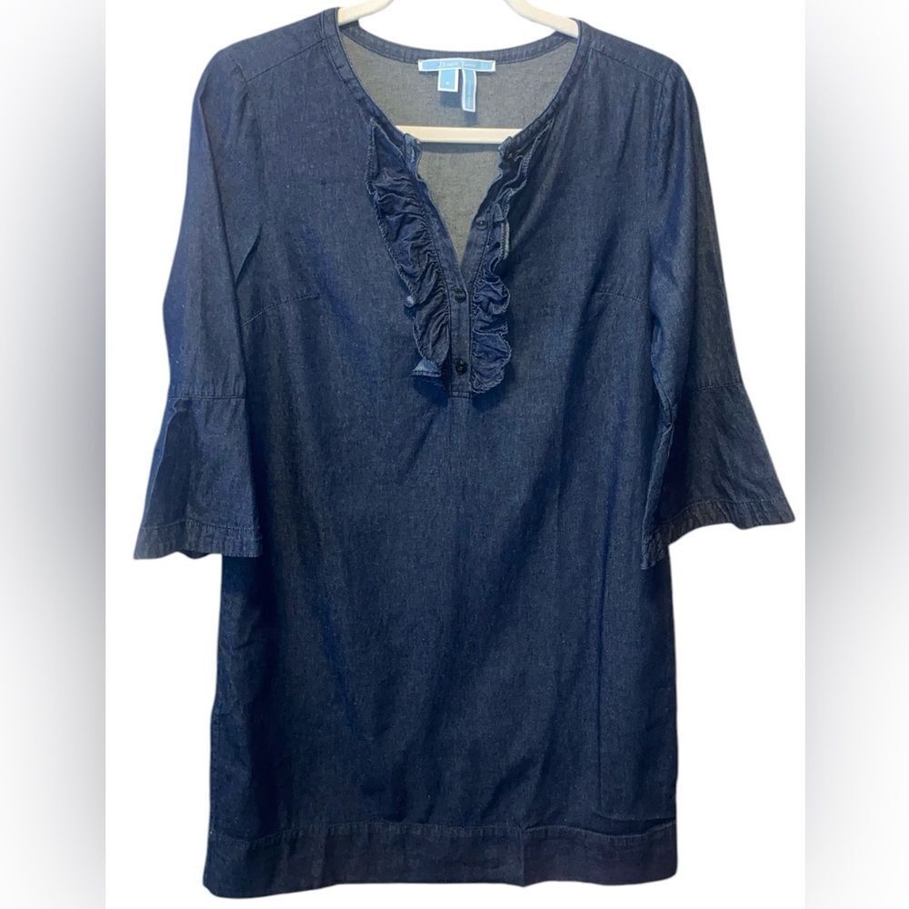 Draper James Wm’s Sz 4 Indigo Dark Wash Chambray Denim Shift Ruffle Dress